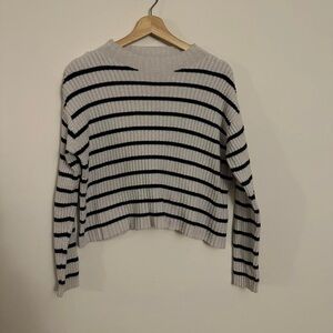 Zara Black and White Striped Crew Neck Sweater